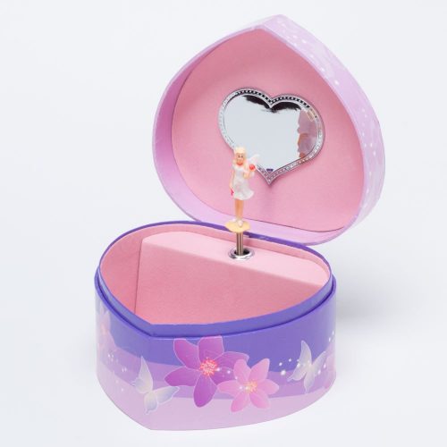 קופסת תכשיטים לב בצבע סגול מנגנת עם פיה מסתובבת ומראה K400274-1
