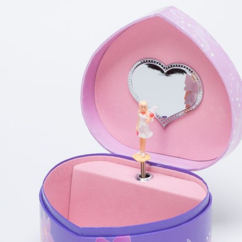קופסת תכשיטים לב בצבע סגול מנגנת עם פיה מסתובבת ומראה K400274-2