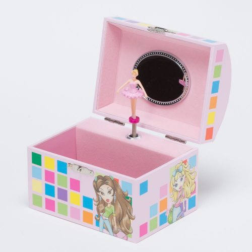קופסת תכשיטים תיבה מלבנית צבעונית בנות מנגנת עם רקדנית מסתובבת ומראה K400289-1