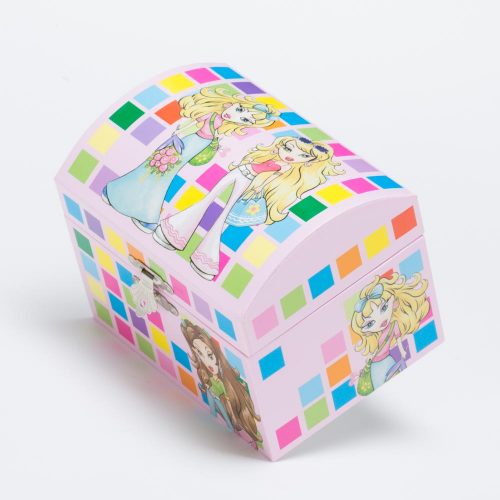 קופסת תכשיטים תיבה מלבנית צבעונית בנות מנגנת עם רקדנית מסתובבת ומראה K400289-2