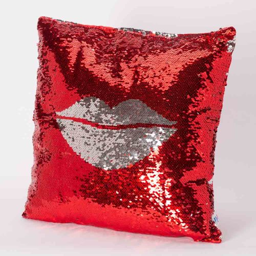 כרית הקסם 35 ס"מ מרובעת שפתיים בצבע אדום עם פייטים מתהפכים ומתחלפים K100176-3