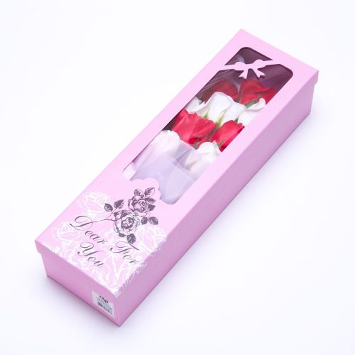 סידור פרחי סבון אדומים ולבנים ריחניים בקופסה K400335-1