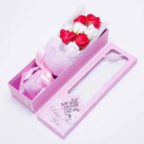 סידור פרחי סבון אדומים ולבנים ריחניים בקופסה K400335