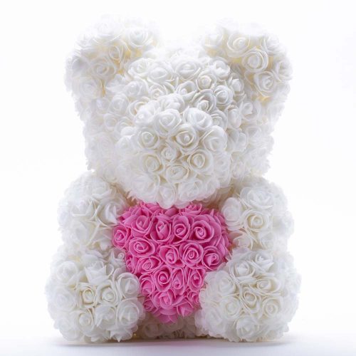 דובי פרחים גדול בצבע לבן עם לב ורוד בקופסת מתנה 40 ס"מ K400353-1