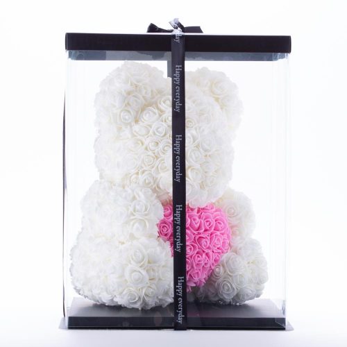 דובי פרחים גדול בצבע לבן עם לב ורוד בקופסת מתנה 40 ס"מ K400353-2