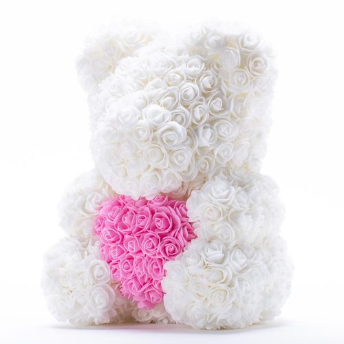 דובי פרחים גדול בצבע לבן עם לב ורוד בקופסת מתנה 40 ס"מ K400353