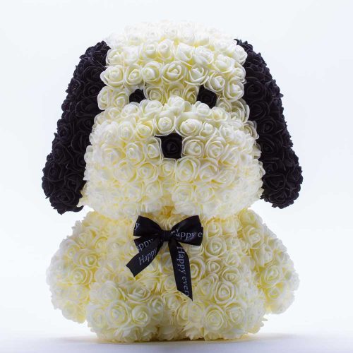 דובי פרחים גדול בעיצוב כלב בצבע שמנת ופפיון בקופסת מתנה 40 ס"מ K400354-1
