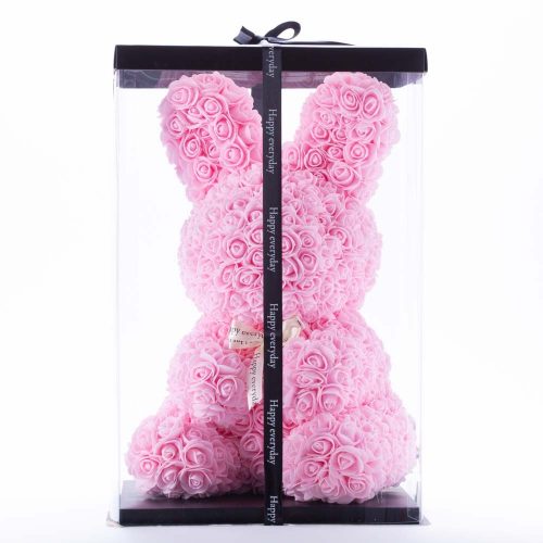 דובי פרחים גדול בעיצוב ארנב בצבע ורוד ופפיון בקופסת מתנה 47 ס"מ K400357-2