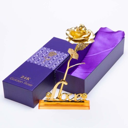 פרח שושנה מפלסטיק עם עלי זהב בקופסה ושקית מתנה K400360-2