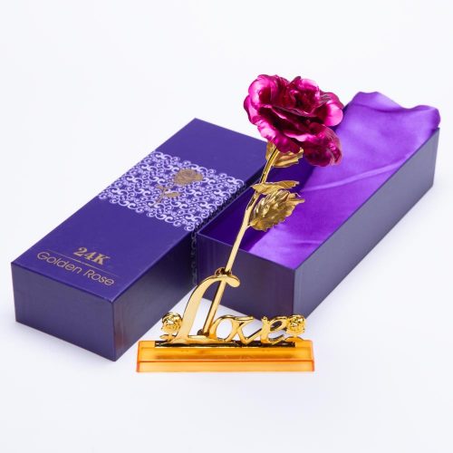 פרח שושנה מפלסטיק עם עלי זהב בקופסה ושקית מתנה K400360-3