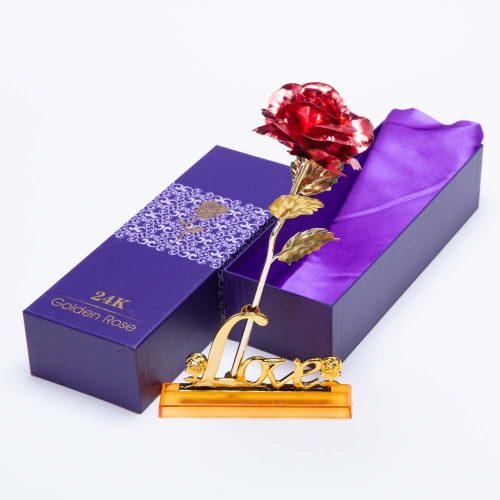 פרח שושנה מפלסטיק עם עלי זהב בקופסה ושקית מתנה K400360