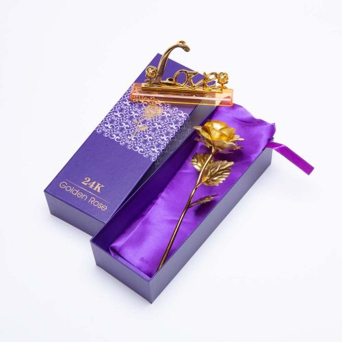 פרח שושנה מפלסטיק עם עלי זהב בקופסה ושקית מתנה K400360-Main