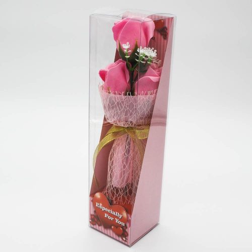 סידור פרחי סבון ורודים ריחניים בקופסה שקופה K400378