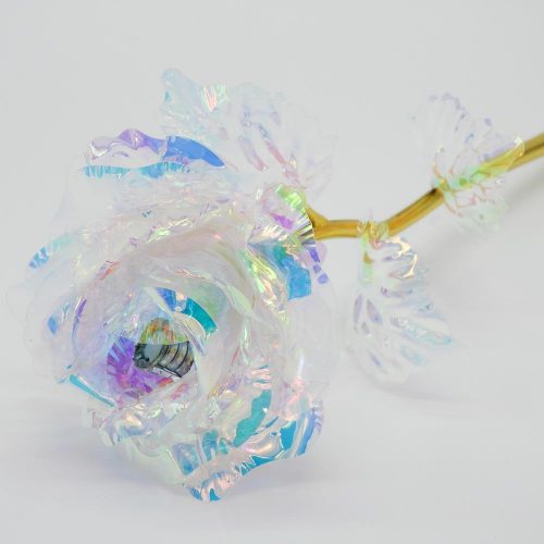 פרח שושנה פלסטיק עם אור ועלי זהב בקופסה ושקית מתנה K400379-1