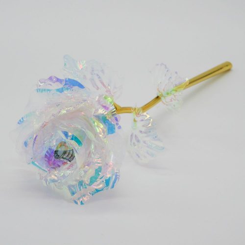 פרח שושנה פלסטיק עם אור ועלי זהב בקופסה ושקית מתנה K400379-3