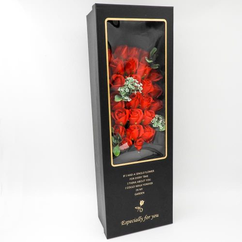 סידור זר פרחי סבון ענק ורדים אדומים בקופסת מתנה ענקית בצלופן שחור K400398-2
