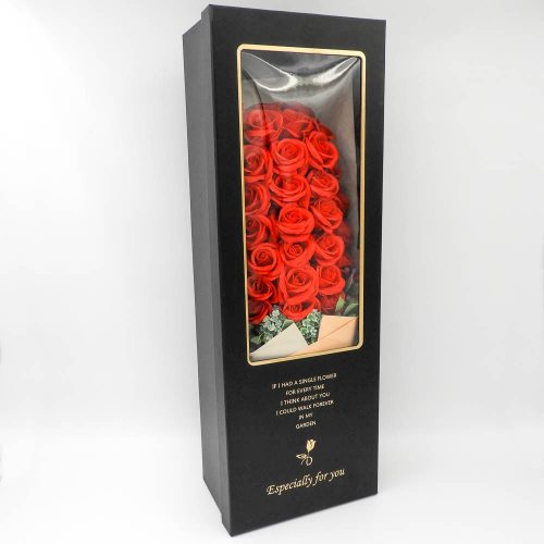 סידור זר פרחי סבון ענק ורדים אדומים בקופסת מתנה ענקית בצלופן קרם K400401-2