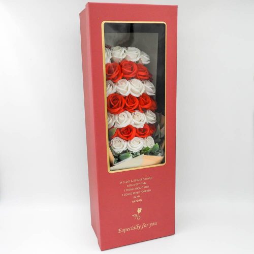 סידור זר פרחי סבון ענק ורדים אדומים ולבנים בקופסת מתנה בורדו ענקית בצלופן קרם K400402-2