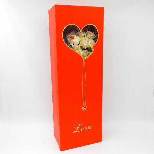 סידור זר פרחי סבון ענק ורדים אדומים ולבנים בקופסת מתנה אדומה עם 2 דובים K400405-2