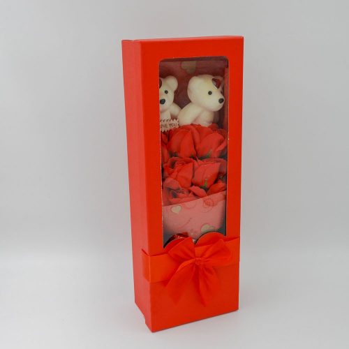 סידור זר פרחי סבון גדול ורדים אדומים בקופסת מתנה אדומה עם 2 דובים K400407-2