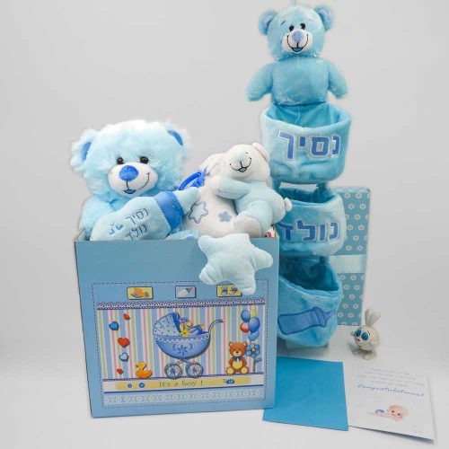 מארז לידה דובי מתנה ליולדת להולדת הבן בעיצוב קופסת מתנה וצלופן K000024-2