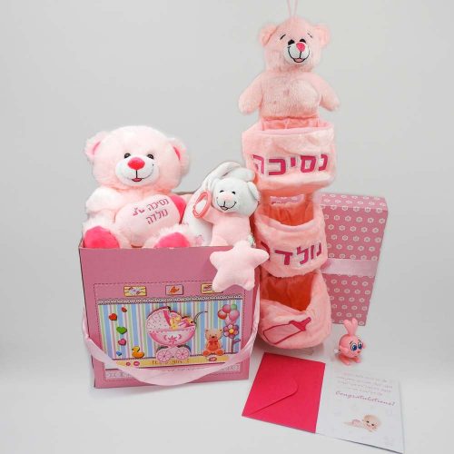 מארז לידה דובי מתנה ליולדת להולדת הבת בעיצוב קופסת מתנה וצלופן K000026-2