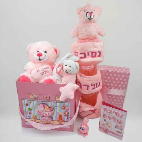 מארז לידה דובי מתנה ליולדת להולדת הבת בעיצוב קופסת מתנה וצלופן K000026