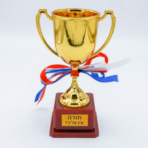 גביע ניצחון זהב מפלסטיק 19 ס"מ עם הקדשה חזית עם הקדשה לטקסים ואירועים