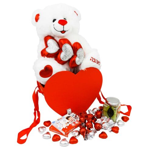 מארז ליום האהבה דובי באהבה שוקולדים ונר בקופסה אדומה K000071-1
