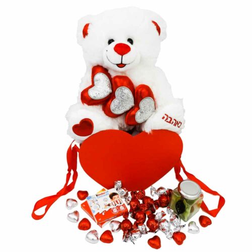 מארז ליום האהבה דובי באהבה שוקולדים ונר בקופסה אדומה K000071